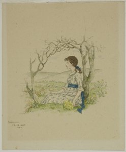 Siddende pige med primula af Kate Greenaway