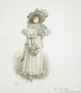 Studie af en fuldt påklædt lille pige af Kate Greenaway