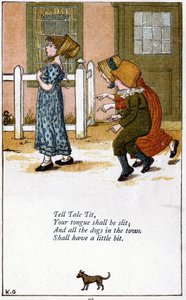 Fortællemejse/Din tunge skal skæres over: Illustration af Kate Greenaway (1846-1901) til en bog med børnerim. Kromolitografi af Kate Greenaway