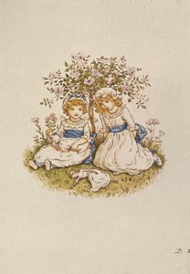 To piger med dukker, der sidder under en rosenbusk, 1800-tallet af Kate Greenaway