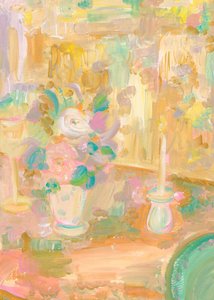Impressionistisk maleri af blomster og et lys
