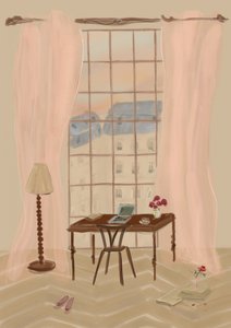 Illustration af udsigt fra et vindue i Paris med rustikt skrivebord