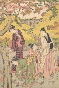 En ung mand, to unge kvinder og en pige til en picnicfest, ca. 1789. af Katsukawa Shuncho