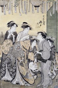 Courtesane Nishikido fra Chojiya tehus omgivet af sine damer, slutningen af det 18. århundrede, Ukiyo-e kunsttryk, af Katsukawa Shuncho (aktiv 1780-1800), Oban-tate-e træsnit, 37x26 cm, japansk civilisation, detalje af Katsukawa Shuncho