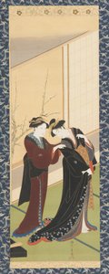 Interiør: en kvinde, der hjælper en pige med at klæde sig på, Edo-perioden, 1726-1792.