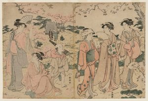 Kvinder ser kirsebærblomster i Asukayama af Katsukawa Shuncho