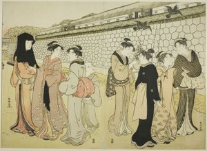 Kvinder, der går ved en voldgrav af Katsukawa Shuncho