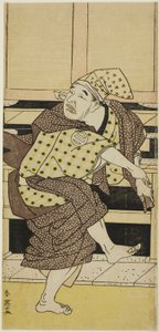 Skuespiller Asao Tamejûrô I som beruset Gotôbei, der danser sambasô i "Yoshitsunes Koshigoe-petition" ("Yoshitsune Koshigoe jô") af Katsukawa Shun