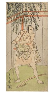 Skuespiller i karakter (mand) lænet sig op af trukket sværd med skede på jorden, ca. 1768-1770 (træbloktryk på papir)