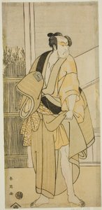 Skuespilleren Ichikawa Monnosuke II som Hiranoya Tokubei () i skuespillet Waka Murasaki Edokko Soga (), opført på Ichimura-teatret () i den tredje måned, 1792 () af Katsukawa Shun