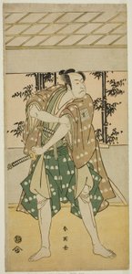 Skuespilleren Ichikawa Omezo I som bådføreren Takihei () i stykket Ofunamori Ebi no Kaomise (), opført på Kawarazaki-teatret () i den ellevte måned, 1792 () af Katsukawa Shun
