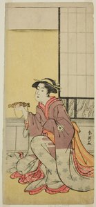 Skuespilleren Iwai Hanshiro IV som Yae () i skuespillet Sugawara Denju Tenarai Kagami (), opført på Kiri-teatret () i den syvende måned, 1788 () af Katsukawa Shun