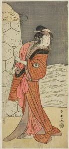 Skuespilleren Iwai Hanshiro IV som Yaegushi no Oroku () i skuespillet Keisei Kogane no Hakarime (), opført på Kawarazaki-teatret () i den tredje måned, 1792 () af Katsukawa Shun