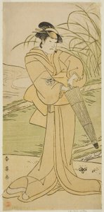 Skuespilleren Yamashita Kinsaku II som Okaya i stykket Yomogi Fuku Noki no Tamamizu, opført på Kiri-teatret i den femte måned, 1795 af Katsukawa Shun