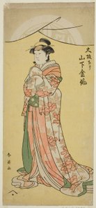 Skuespilleren Yamashita Kinsaku II som tjenestepigen Tsumagi i stykket "Otokyama O-Edo no Ishizue", der blev opført på Kiri-teatret i den 11. måned 1794. af Katsukawa Shun