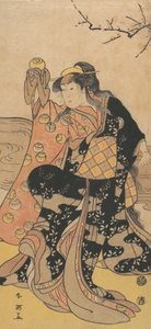 Den fjerde Iwai Hanshiro som en kvinde, der holder en krystalkugle og danser på bredden af ..., ca. 1788. af Katsukawa Shun