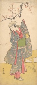 Den fjerde Iwai Hanshiro som ung pige, der står ved en træbænk, ca. 1790 af Katsukawa Shun