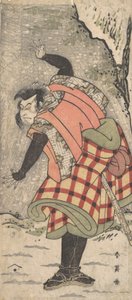 Uidentificeret skuespiller som en Kyokaku, der står ved foden af en klippe i en snestorm, ca. 1793. af Katsukawa Shun