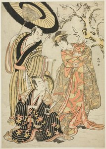 Skuespillerne Iwai Hanshirô IV, Ichikawa Monnosuke II og Sakata Hangorô III i "Snowflakes: At hæve standarden på Izu" ("Mutsu no Hana Izu no Hataage") af Katsukawa Shunkо̄
