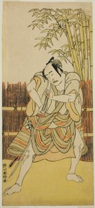 Skuespilleren Bando Mitsugoro I som Ogata no Saburo forklædt som Yoroya Takiemon i stykket Mure Takamatsu Yuki no Shirahata, opført på Ichimura-teatret i den ellevte måned, 1780