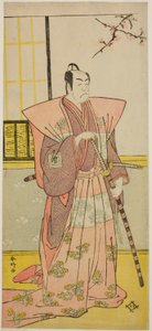Skuespilleren Ichikawa Omezo I som Koyurugi Motomenosuke () i skuespillet Haru no Nishiki Date-zome Soga (), opført på Nakamura-teatret () i den første måned, 1790 () af Katsukawa Shunkо̄