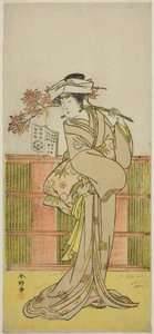 Skuespilleren Iwai Hanshiro IV som Umegae forklædt som den kvindelige spåkone Omatsu i stykket Mukashi Otoko Yuki no Hinagata, opført på Ichimura-teatret i den ellevte måned, 1781 af Katsukawa Shunkо̄