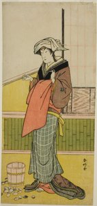 Skuespilleren Nakamura Riko I som Moshio () i skuespillet Honda Yayoi Meoto Junrei (), opført på Ichimura-teatret () i den syvende måned, 1778 ()
