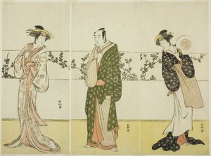 Skuespillerne Osagawa Tsuneyo II (til højre), Ichikawa Monnosuke II (i midten) og Segawa Kikunojo III (til venstre), muligvis som Misao Gozen, Matsuya Soshichi og kurtisanen Kojoro fra Hakata i stykket Chiyo no Hajime Ondo no Seto (Evighedens begyndelse: T af Katsukawa Shunkо̄