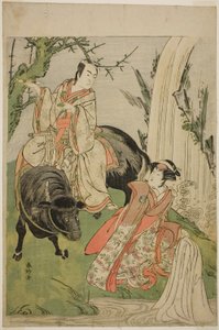 Skuespillerne Segawa Kikunojo III som prinsesse Hatsune (Hatsune Hime) (til højre) og Ichikawa Monnosuke II som Miyukinosuke Yukinari i skuespillet Otokoyama Furisode Genji, opført på Kiri-teatret i den ellevte måned, 1785. af Katsukawa Shunkо̄