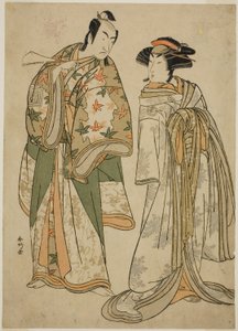 Skuespillerne Segawa Kikunojo III som kurtisanen Sumizome (til højre) og Ichikawa Monnosuke II som Goinosuke Yoshimine (til venstre), i stykket Juni-hitoe Komachi-zakura, opført på Kiri-teatret i den ellevte måned, 1784 af Katsukawa Shunkо̄
