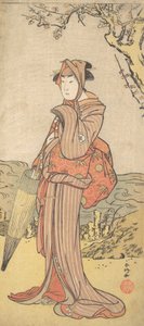 Iwai Kiyotaro som en kvinde, der står under et blommetræ, ca. 1788. af Katsukawa Shunko