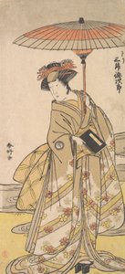 Mimasu Tokujuro som en kvinde, der står nær en snoet strøm, ca. 1780. af Katsukawa Shunko