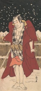Onoe Matsusuke som mand bevæbnet med et sværd, stående i sne foran et hegn, 1786. af Katsukawa Shunko