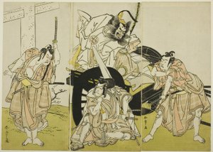 Skuespillerne Nakajima Mihoemon II som Fujiwara no Shihei, Ichikawa Ebizô III som Matsuo-maru, Ichikawa Yaozô II som Sakura-maru og Ichimura Uzaemon IX som Umeo-maru i "Sugawara