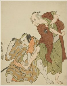 Skuespillere, der spiller rollerne som Giheiji og hans svigersøn, Danshichi Kurobei af Katsukawa Shunsho