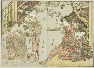 Kurtisaner fra Asahimaruya, fra bogen "Mirror of Beautiful Women of the Pleasure Quarters (Seiro bijin awase sugata kagami)," vol. 1 af Katsukawa Shunsho