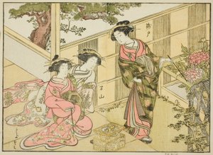 Kurtisaner fra Chojiya, fra bogen "A Comparison of Beautys of the Green Houses: A Mirror of Their Forms (Seiro bijin awase sugata kagami)," vol. 1 af Katsukawa Shunsho