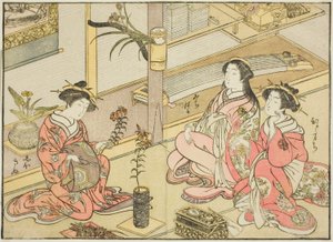 Kurtisaner fra Kadotsutaya, fra bogen "Mirror of Beautiful Women of the Pleasure Quarters (Seiro bijin awase sugata kagami)," vol. 1 af Katsukawa Shunsho