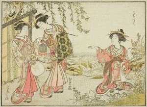 Kurtisaner fra Kadotsutaya, fra bogen "Mirror of Beautiful Women of the Pleasure Quarters (Seiro bijin awase sugata kagami)," vol. 1 af Katsukawa Shunsho
