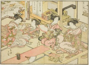 Courtesans of the Ogiya, fra bogen "Mirror of Beautiful Women of the Pleasure Quarters (Seiro bijin awase sugata kagami)," vol. 1 af Katsukawa Shunsho