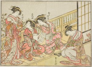 Courtesans of the Takeya, fra bogen "Mirror of Beautiful Women of the Pleasure Quarters (Seiro bijin awase sugata kagami)," vol. 1 af Katsukawa Shunsho