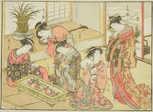 Kurtisaner fra Wakanaya, fra bogen "Mirror of Beautiful Women of the Pleasure Quarters (Seiro bijin awase sugata kagami)," vol. 1 af Katsukawa Shunsho