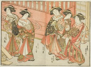 Fem kurtisaner fra forskellige huse, fra bogen "Mirror of Beautiful Women of the Pleasure Quarters (Seiro bijin awase sugata kagami)," vol. 3 af Katsukawa Shunsho