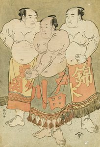 Portrætter i fuld længde af wrestlerne Nishikigi, Todagawa og Iwagaseki, der præsenterer sig selv i ringen (træblok i farver) af Katsukawa Shunsho