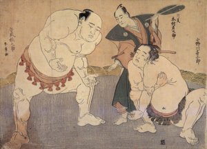 Onagawa Kisaburo og Tanikaze Kajinosuke udfører Shiriki i Dohyo, dømt af Kimura Shonosuke af Katsukawa Shunsho