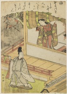 Scene 4: Hofdame taler med en hofmand på en veranda, slutningen af det 18. århundrede af Katsukawa Shunsho