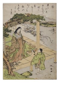 Stavelse - Sa fra serien Tales of Ise i moderigtige brokadetryk, ca. 1770-1773 (træblok på papir) af Katsukawa Shunsho