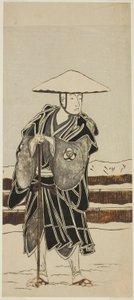 Skuespilleren Bando Mitsugoro I som abbed Saimyo-ji Tokiyori, forklædt som en munk, i Joruri "Onna Hachi no Ki" (en kvindelig version af "The Potted Trees") fra anden del af stykket Onna Aruji Hatsuyuki no Sekai (A Woman as Master: The World of the First S af Katsukawa Shunsho