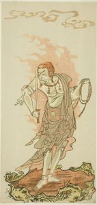 Skuespilleren Ichikawa Danjuro V som den buddhistiske guddom Fudo i slutscenen fra første del af stykket Fuki Kaete Tsuki mo Yoshiwara (Rethatched Roof: The Moon also Shines Over the Yoshiwara Pleasure District), opført på Morita Theatre fra den første af Katsukawa Shunsho