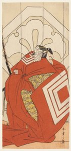Skuespilleren Ichikawa Danjuro V i en "Shibaraku"-rolle, sandsynligvis som Kato Hyoeisa Shigemitsu, i tredje scene af skuespillet Masakado Kammuri no Hatsuyuki (Den første sne på Taira no Masakados hof-hovedbeklædning), opført på Nakamura-teatret i det ell af Katsukawa Shunsho